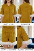 Luxury Mustard Cotton Check Printed Shorts/Shirt Set For Women