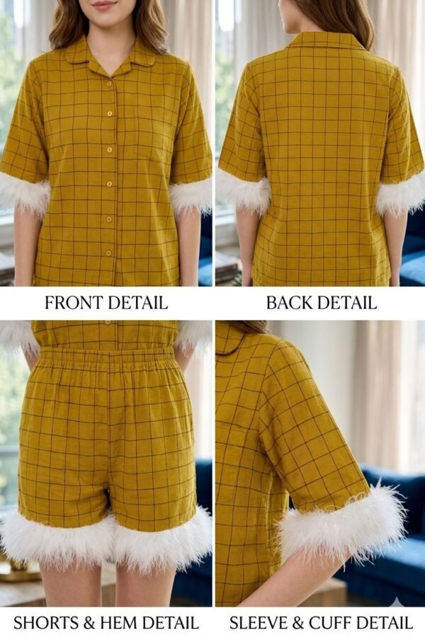 Luxury Mustard Cotton Check Printed Shorts/Shirt Set For Women