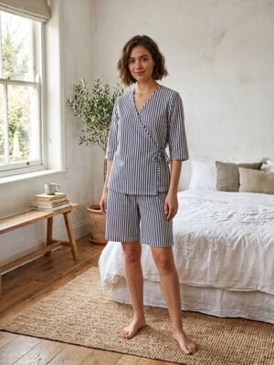 Blue White Cotton Narrow Stripes Printed Shorts/Shirt for Women