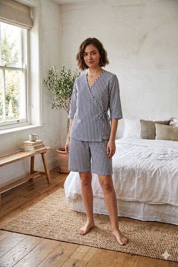Blue White Cotton Narrow Stripes Printed Shorts/Shirt for Women
