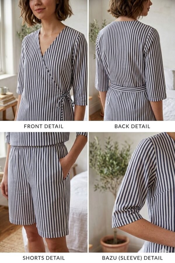Blue White Cotton Narrow Stripes Printed Shorts/Shirt for Women