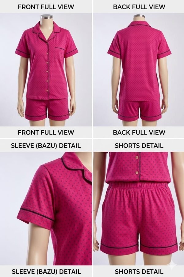 Bright Pink Cotton Dot Printed Shorts/Shirt Set for Women