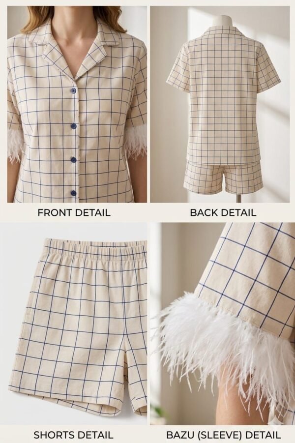 Luxury Creamy White Cotton Check Printed Shorts/Shirt Set for Women