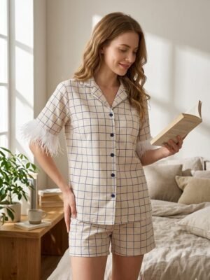 Luxury Creamy White Cotton Check Printed Shorts/Shirt Set for Women