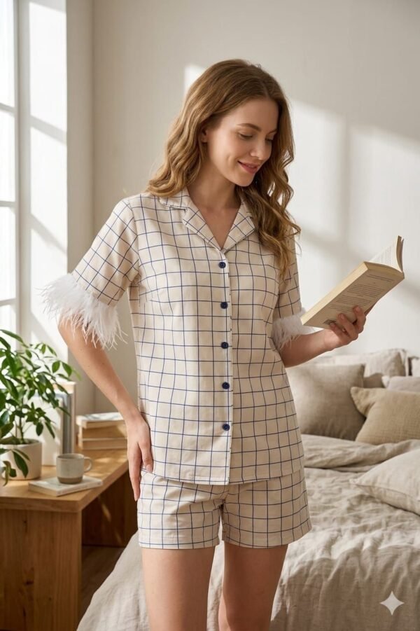 Luxury Creamy White Cotton Check Printed Shorts/Shirt Set for Women