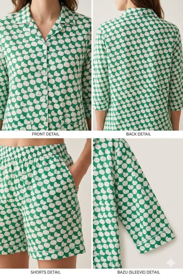 Lite Green Soft Cotton Heartly Circle Printed Shorts/Shirt Set for Women