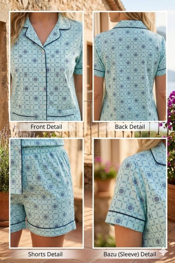 Sky Blue Winter Cotton Alpha Printed Shorts/Shirt Set for Women