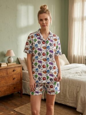White Winter Cotton Toy Train Printed Shorts/Shirt Set for Women