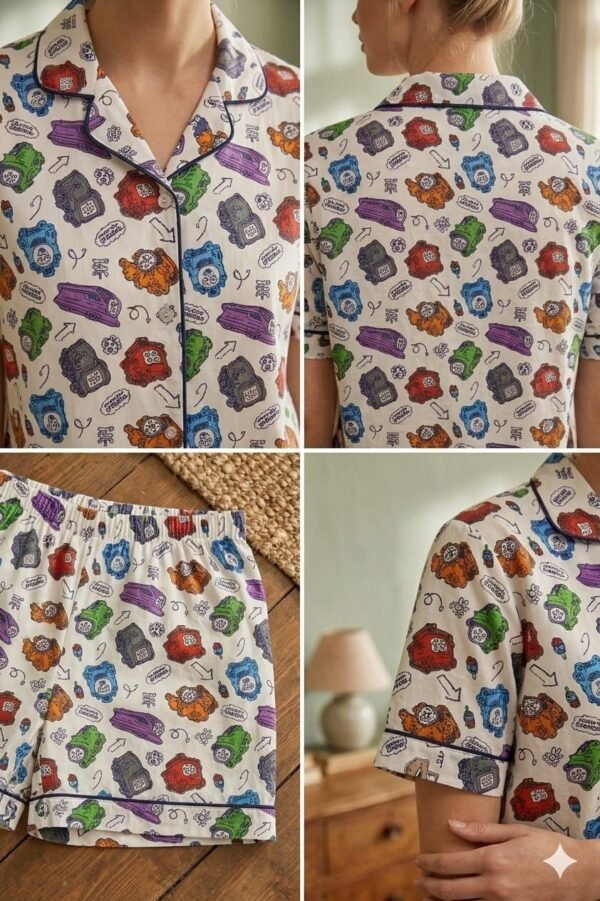 White Winter Cotton Toy Train Printed Shorts/Shirt Set for Women
