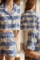 Pink Winter Cotton Dot Printed Shorts/Shirt Set for Women