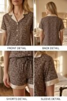 Brown Winter Cotton Leafy Swirls Printed Shorts/Shirt Set for Women