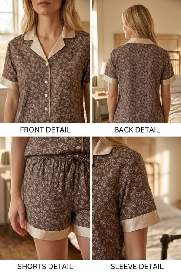 Brown Winter Cotton Leafy Swirls Printed Shorts/Shirt Set for Women