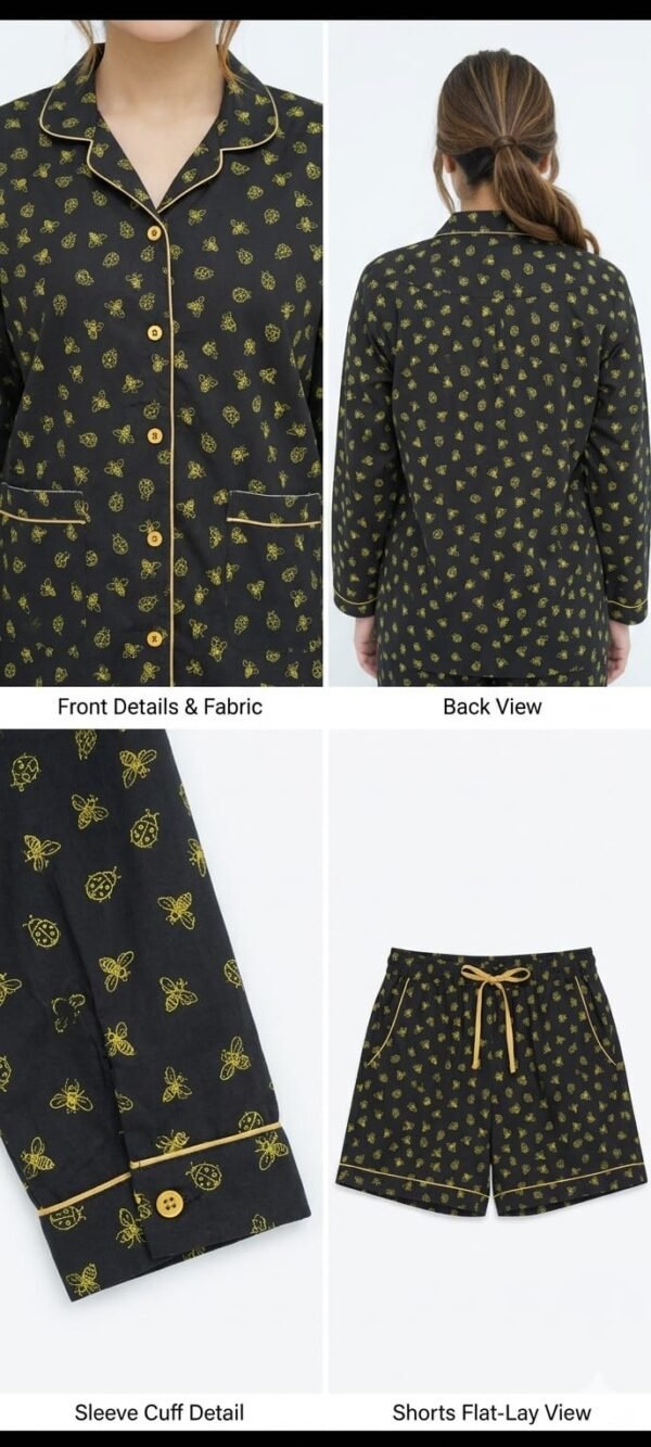 Black Winter Cotton Lady Bug Printed Shorts/Shirt Set