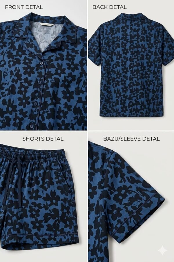 Blue Cambric Starry Bloom Printed Shorts/Shirt Set for Women