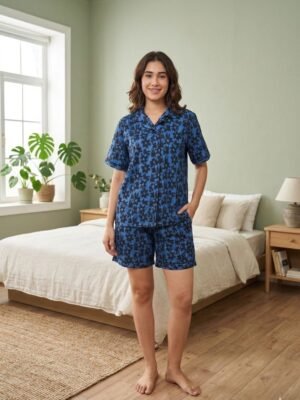 Blue Cambric Starry Bloom Printed Shorts/Shirt Set for Women
