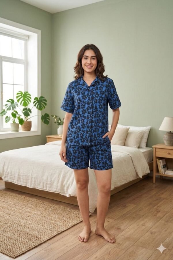 Blue Cambric Starry Bloom Printed Shorts/Shirt Set for Women