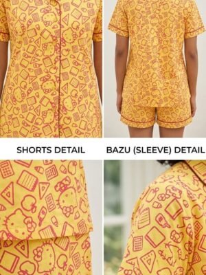 Yellow Cambric Hellow Kitty Printed Shorts/Shirt Set