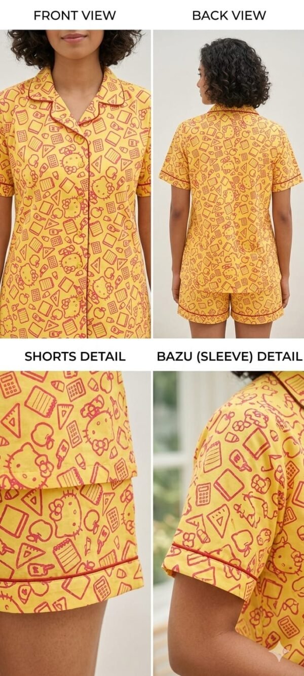 Yellow Cambric Hellow Kitty Printed Shorts/Shirt Set