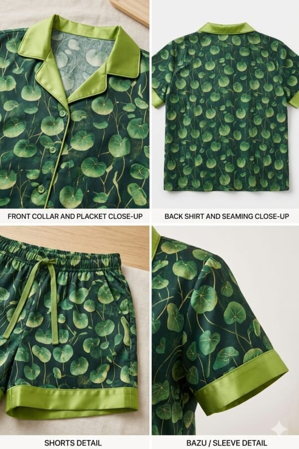 Green Glow Cambric Printed Shorts/Shirt Set for Women