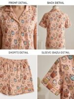 Peach Cambric Mug Printed Shorts/Shirt Set for Women