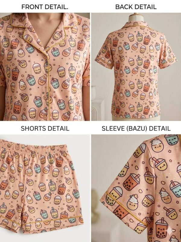 Peach Cambric Mug Printed Shorts/Shirt Set for Women