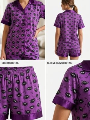 Purple Cambric Midnight Spider Printed Shorts/Shirt Set for Women