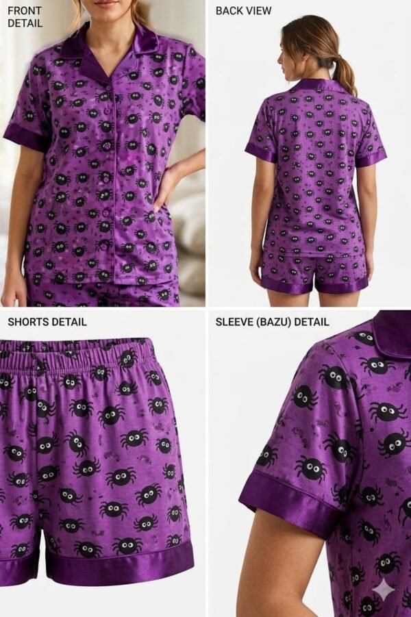 Purple Cambric Midnight Spider Printed Shorts/Shirt Set for Women