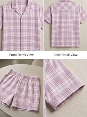 Lite Purple Cambric White Check Printed Shorts/Shirt Set for Women