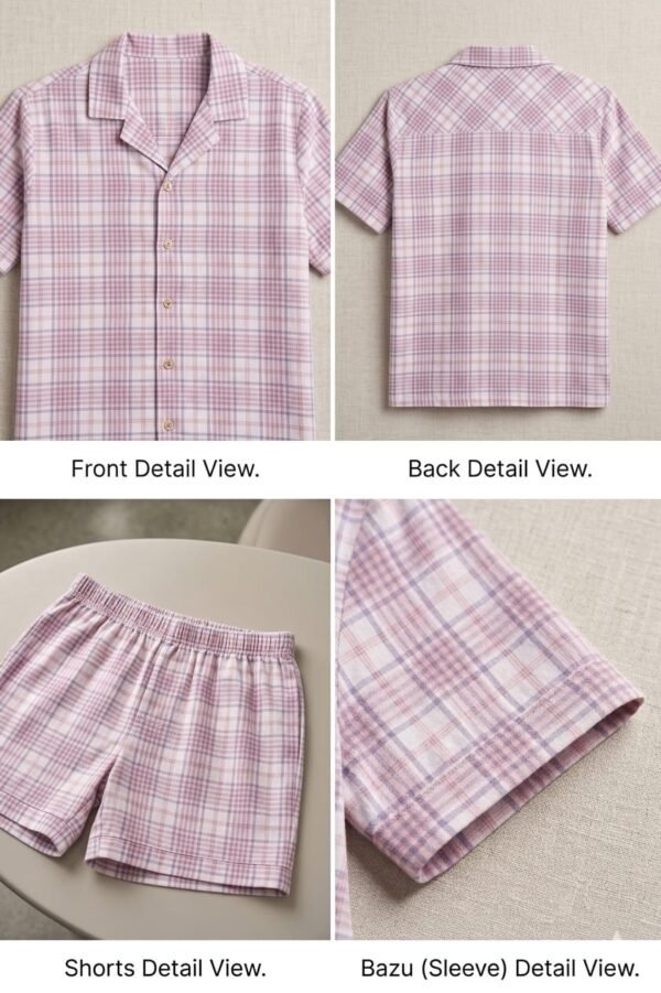 Lite Purple Cambric White Check Printed Shorts/Shirt Set for Women