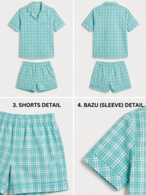 Sky Blue Cambric Midnight Check Printed Shorts/Shirt Set for Women