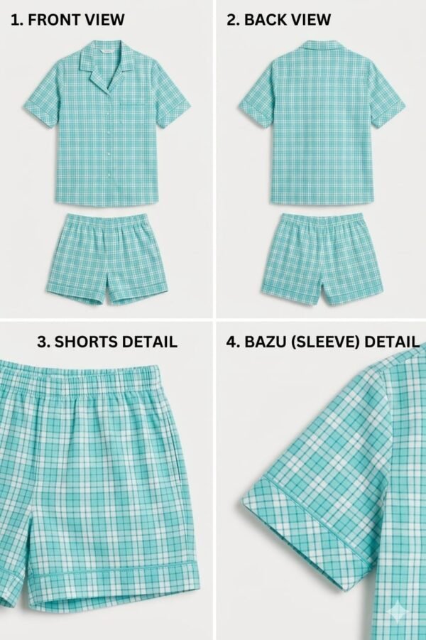Sky Blue Cambric Midnight Check Printed Shorts/Shirt Set for Women