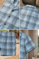 Lite blue Block Check Cambric Printed Shorts/Shirt Set for Women