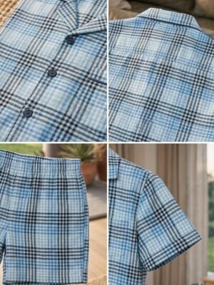 Lite blue Block Check Cambric Printed Shorts/Shirt Set for Women