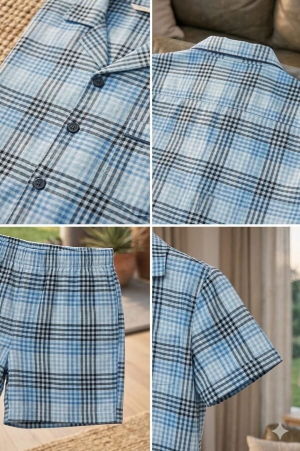 Lite blue Block Check Cambric Printed Shorts/Shirt Set for Women