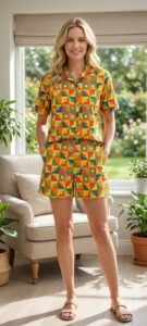 Multicolor Soft Cotton button box Printed Shorts/Shirt Set for Women