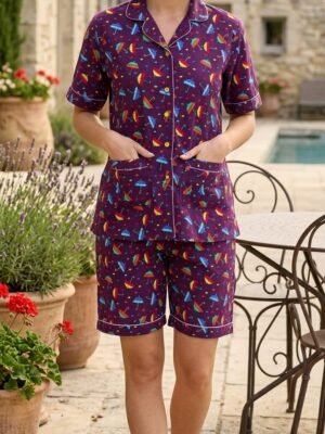 Deep Purple Winter Cotton Umbrella Printed Shorts/Shirt Set for Women