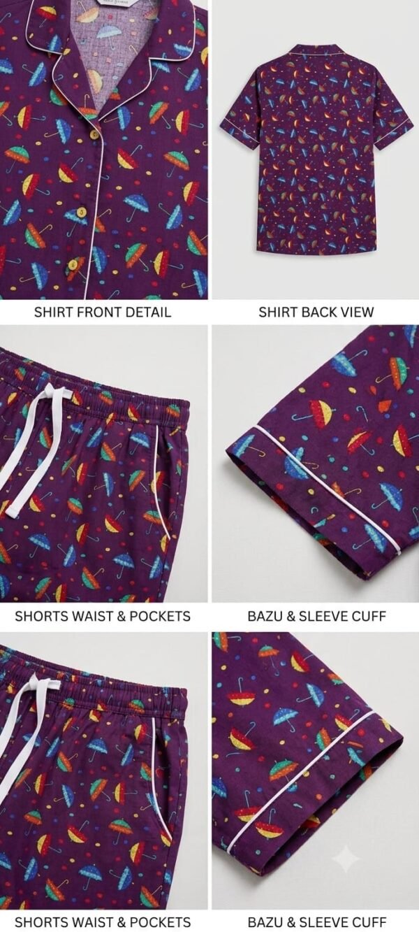 Deep Purple Winter Cotton Umbrella Printed Shorts/Shirt Set for Women