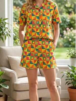 Multicolor Soft Cotton button box Printed Shorts/Shirt Set for Women