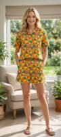 Multicolor Soft Cotton button box Printed Shorts/Shirt Set for Women