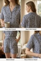 Black White Cotton Tile Printed Shorts/Shirt Set for Women