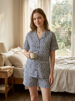 Black White Cotton Tile Printed Shorts/Shirt Set for Women