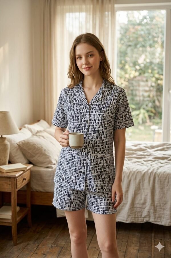 Black White Cotton Tile Printed Shorts/Shirt Set for Women
